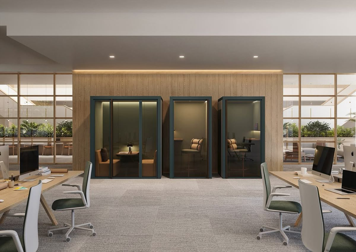 Acoustic sound-dampening booths in office environment