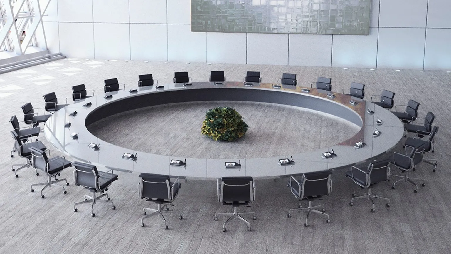 Professional conference room with circular meeting table
